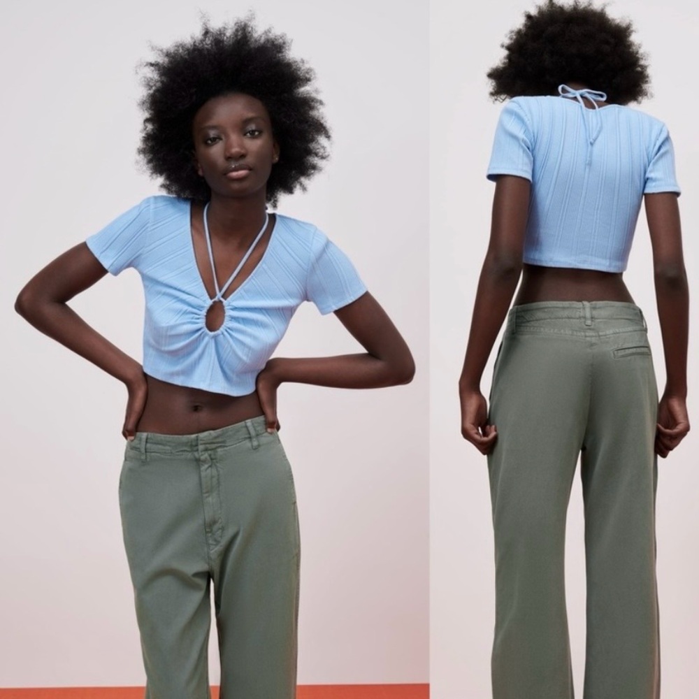 Zara Light Blue Ribbed Cropped Tee